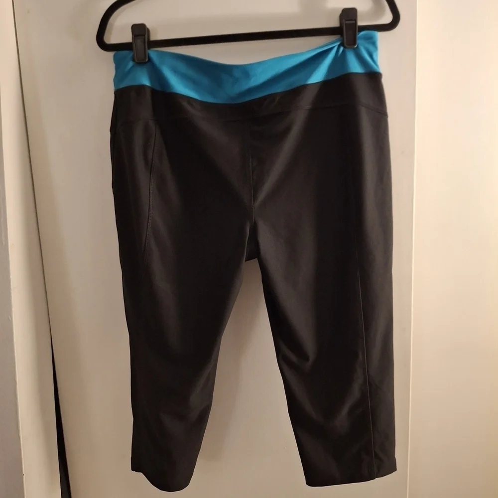 Avia Women's Black Cropped Leggings with Blue Wide Waistband